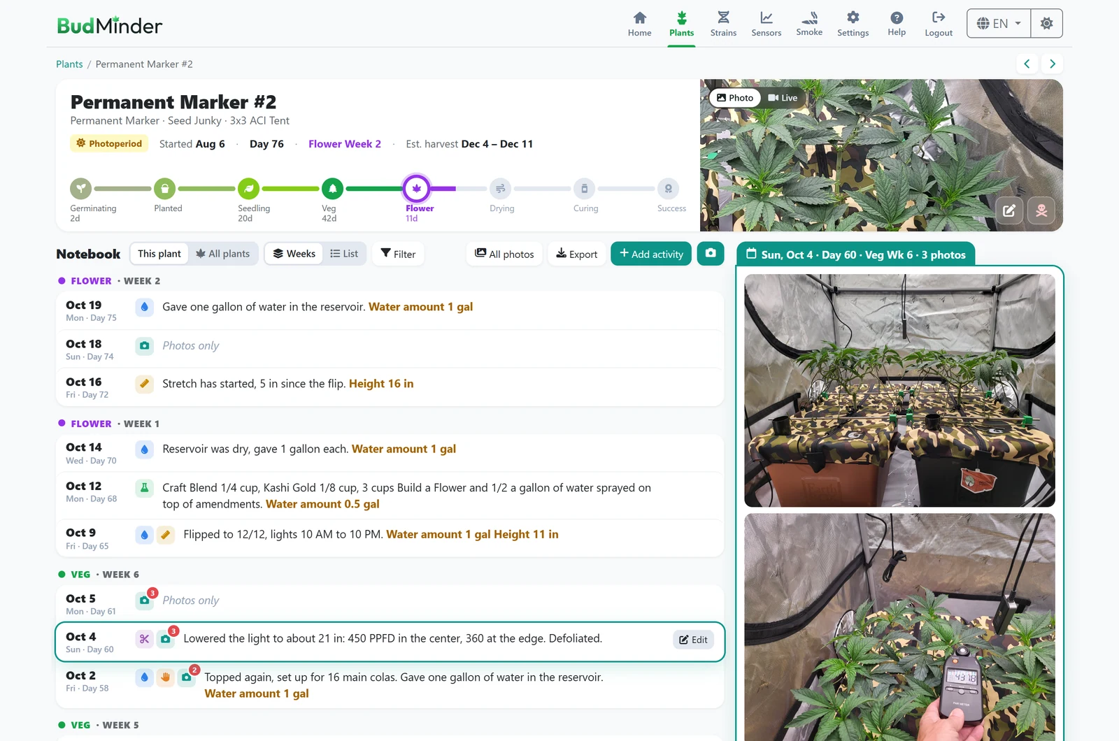 A plant's page in BudMinder